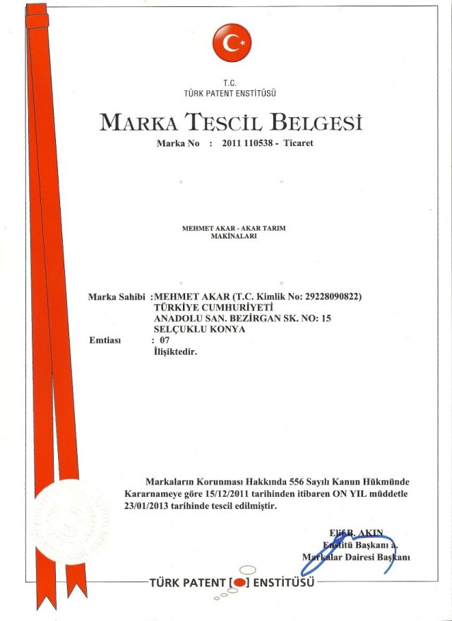 Akar Tarım Makina Sertifika